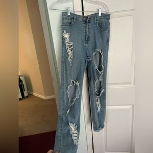 Vibrant Blue Straight Leg Jeans with Distressed Details